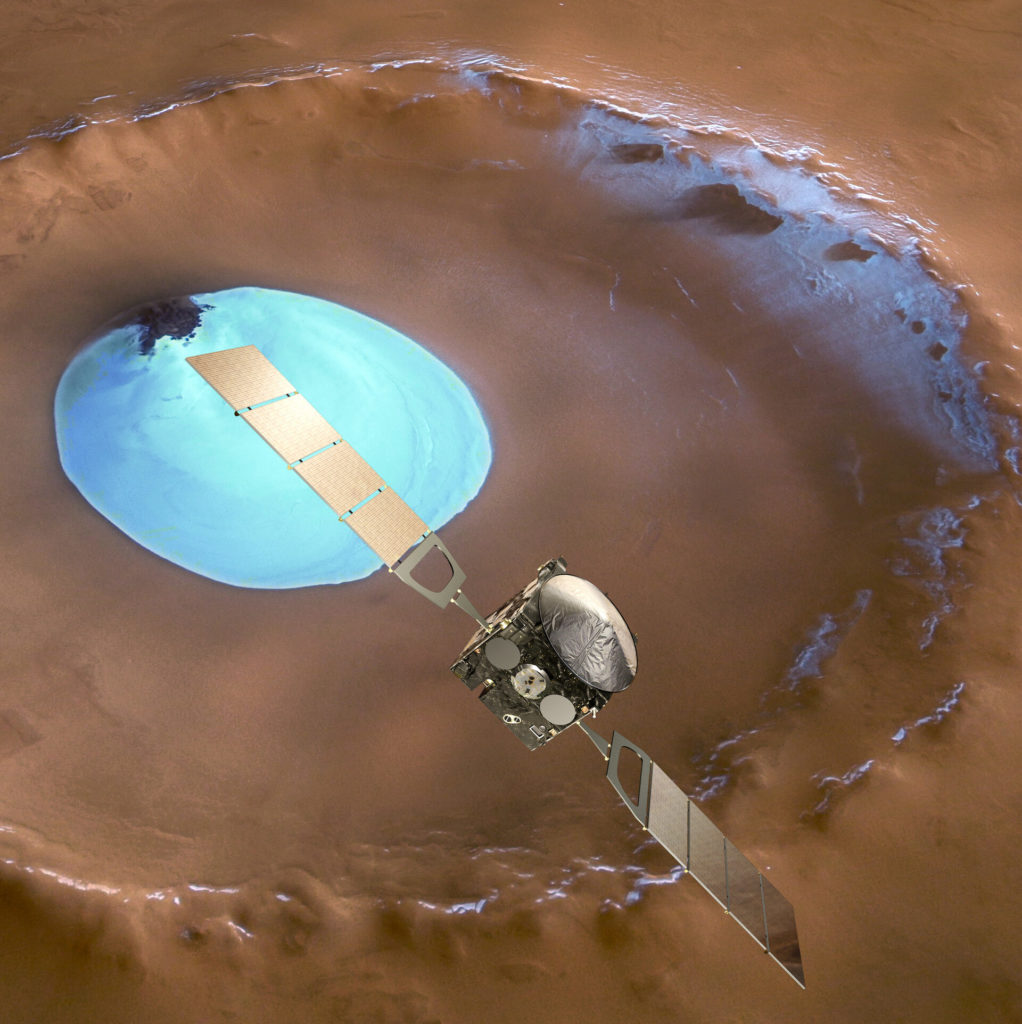 Mars Express over Water Ice Crater (Artist's concept)